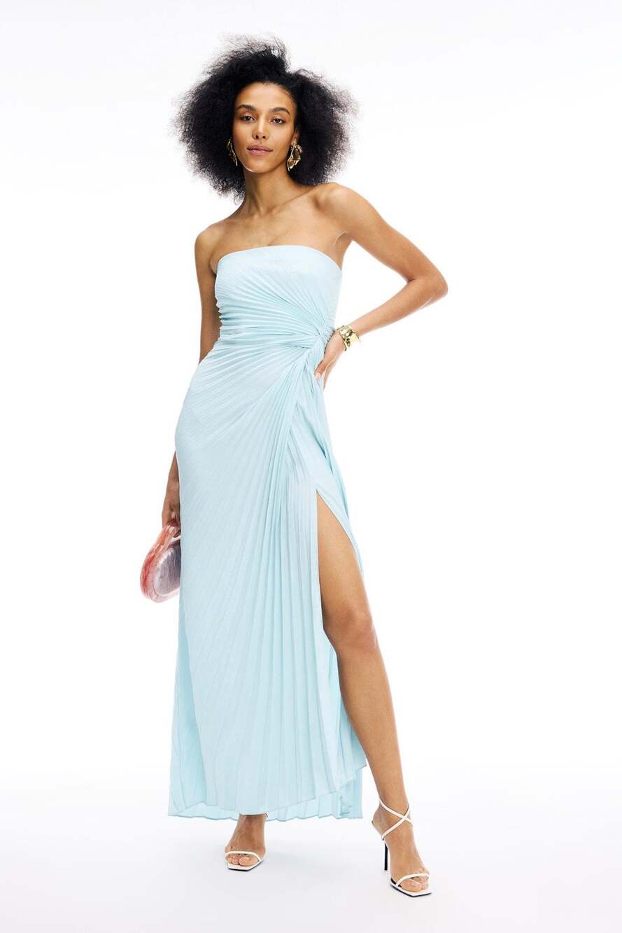 ALC Layla Gown 10 Blue Strapless Pleated Maxi Slit Formal Wedding Guest